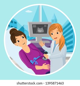 Ultrasound Diagnostics Flat Vector Illustration. Female Patient Cartoon Character at Doctor Office. Pregnancy Healthcare. Pregnant Woman in Hospital, Clinic. Gynecologist Appointment, Check-up