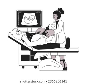 Ultrasound diagnostics monochrome concept vector spot illustration. Doctor examining pregnant woman 2D flat bw cartoon characters for web UI design. Parenting isolated editable hand drawn hero image