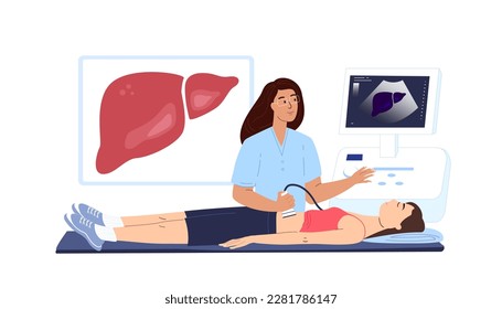 Hepatólogo médico de ultrasonido, gastroenterólogo, investigador, examen hepático de exploración, investigación de ultrasonidos.Diagnóstico de medicina clínica.Hospital médico.Tratamiento digital.Ilustración de vectores planos