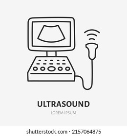 Icono de la línea del doodle para ultrasonido. Ilustración del contorno delgado vectorial de la máquina de ecografía. Signo lineal de color negro para escáner médico durante el embarazo