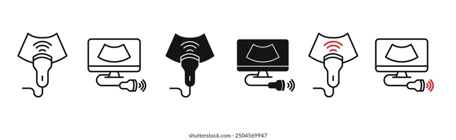 Ultrasound equipment icon set. Woman pregnancy internal ultrasonography medical device. Ultrasonic transducer symbol. Sound waves thin line pictogram for ultrasound.