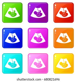 Ultrasound fetus icons of 9 color set isolated vector illustration