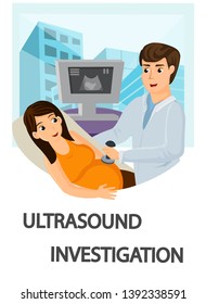 Ultrasound Foetus Diagnostics Vector Illustration. Cartoon Male Obstetrician, Gynecologist Examining Pregnant Woman Belly. Prenatal Medicine and Healthcare Service Brochure Flat Template