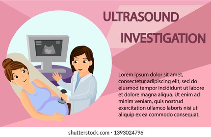 Ultrasound Foetus Scanning Web Banner Template. Prenatal Diagnostics Poster Vector Layout with Text Space. Pregnant Woman Lying on Bed in Doctor Office. Obstetrician, Gynecologist Consultation