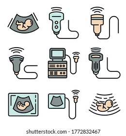 Ultrasound icons set. Outline set of ultrasound vector icons thin line color flat on white