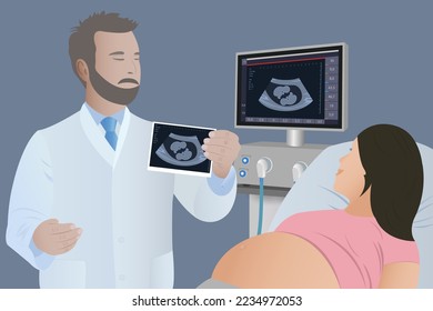 Ultrasonido de gemelos recién nacidos en la mano del médico y en el monitor. Silueta del feto gemelo en el útero materno, sonografía diagnóstica del embarazo o ultrasonido