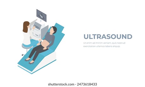 Ultrasound isometric illustration. Medical concept with doctor and patient ultrasound examination.