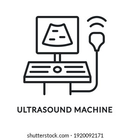 Icono de línea plana de la máquina de ultrasonido. Equipo médico de ilustración vectorial para examen.