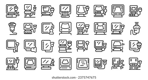 Ultrasound machine icons set outline vector. Probe transducer. Medical doctor equipment