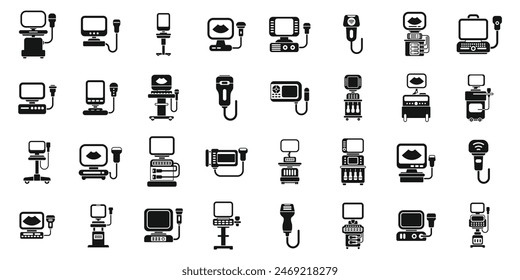 Iconos de la máquina de ultrasonido Vector. Una colección de iconos de equipos médicos. Algunos de los iconos incluyen un monitor de equipo, un teclado, un mouse, una impresora y un escáner