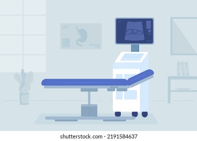 Ultrasound machine for patient examination flat color vector illustration. Body organs checkup. Hospital equipment. Fully editable 2D simple cartoon interior with clinic on background