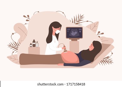 Ultrasound Muslim Pregnancy Screening Concept. Female Doctor In Medical Uniform Scanning Arab Mother. Girl With Belly Looking In Monitor Smiling. Embryo Baby Health Diagnostic Illustration.