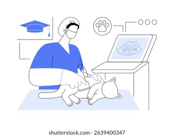 Ultrasound practice isolated cartoon vector illustrations. Student girl makes ultrasound scan to cat, educational process, doctoral degree, animals treatment, veterinary medicine vector cartoon.