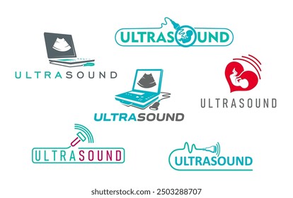 Iconos del embarazo del ultrasonido, símbolos médicos del diagnóstico de la ecografía. Exploración del sonograma del Vector de la mujer embarazada, del bebé en útero, ultrasonido o signos del transductor de la máquina de la ecografía, de la pantalla y de las ondas sonoras