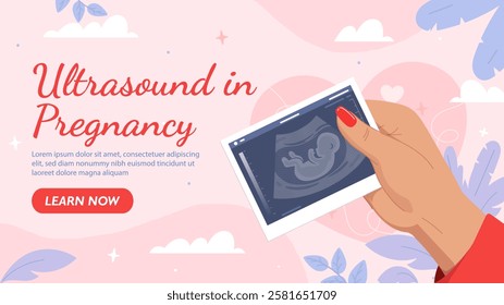 Ultrasound in pregnancy poster. Hand with xray shot of baby. Healthcare and medicine. Motherhood and Parenthood. Landing webpage design. Female fertility. Flat vector illustration