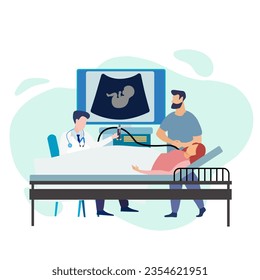 Ultrasound pregnancy screening concept. A doctor in medical uniform scanning mother. Lady with belly looking in monitor, husband standing next to a bed. Embryo baby health diagnostic illustration.