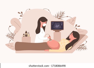 Ultrasound pregnancy screening concept. Female doctor in medical uniform scanning mother. Girl with belly looking in monitor smiling. Embryo baby health diagnostic illustration.