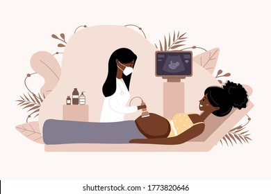 Ultrasound pregnancy screening concept. Female doctor in medical uniform scanning mother. African girl with belly looking in monitor smiling. Embryo baby health diagnostic illustration.