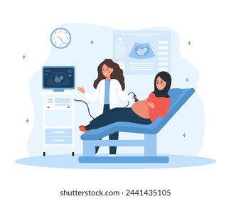 Ultrasound pregnancy screening concept. Female doctor doing fetus screening to future mother. Arab girl with belly looking in monitor. Embryo health diagnostic. Cartoon vector illustration.