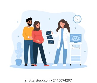 Ultrasound pregnancy screening concept. Female doctor gives results of ultrasound examination. Arabian family expecting for baby. Future parents in clinic. Vector illustration in flat cartoon style.