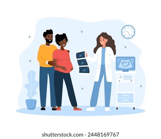 Ultrasound pregnancy screening concept. Female doctor gives results of ultrasound examination. African family expecting for baby. Future parents in clinic. Vector illustration in flat cartoon style.