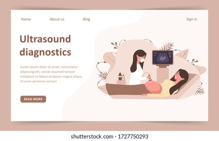 Ultrasound pregnancy screening concept landing page. Female doctor scanning mother. Girl with belly looking in monitor smiling. Embryo baby health diagnostic illustration.