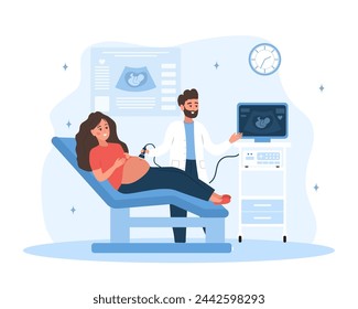 Concepto de detección de embarazo por ultrasonido. Médico haciendo pruebas de feto a la futura madre. Chica joven con el vientre mirando en el monitor. Diagnóstico de salud embrionaria. Ilustración vectorial de dibujos animados.