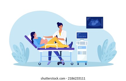 Ultrasound pregnancy screening. Embryo baby health diagnostic. Gynecologist making scan pregnant woman with ultrasound machine in hospital office. Gynecology abdomen examination, abdominal sonogram