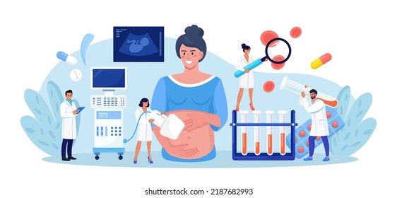 Ultrasound pregnancy screening. Embryo baby health diagnostic. Ultrasonography. Doctor making scan pregnant woman with ultrasound machine in hospital.Gynecologist doing belly sonography. Medical test