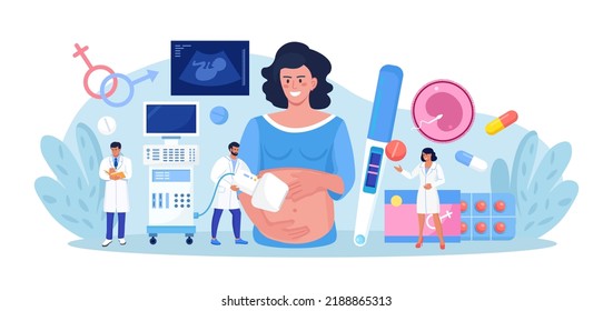 Ultrasound pregnancy screening. Embryo baby health diagnostic. Ultrasonography. Doctor making scan pregnant woman with ultrasound machine in hospital.Gynecologist doing belly sonography. Medical test