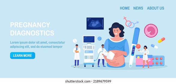 Ultrasound pregnancy screening. Embryo baby health diagnostic. Ultrasonography. Doctor making scan pregnant woman with ultrasound machine in hospital.Gynecologist doing belly sonography. Medical test