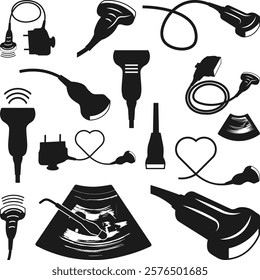 Ultrasound Probe Transducer SVG'', Ultrasound Probe Transducer Heart Shapes Silhouette, Sonographer, Ultrasound Tech Illustration,