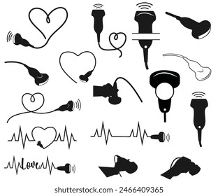 Ultrasound Probe Transducer vector, Ultrasound Probe Transducer Heart Shapes Illustration, Sonographer, Ultrasound Tech