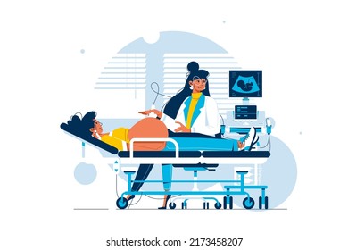 Ultrasound procedure of pregnant woman vector illustration. Doctor in uniform scanning future mother flat style. Pregnancy, medicine concept