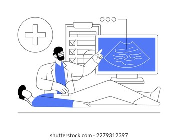 Ilustración vectorial de concepto abstracto de exploración por ultrasonido. Médico haciendo ecografía a paciente hospitalizado, procedimientos diagnósticos, proceso de examen médico abdomen metáfora abstracta.