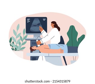 Ultrasound scan and examination of thyroid glands, flat vector illustration on white background. Endocrinologist with sonographer checks neck of patient. Healthcare and ultrasonic diagnosis.