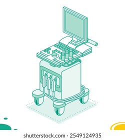 Máquina de ultrassom scanner com uma tela. Objeto moderno isométrico isolado em fundo branco. Estilo da estrutura de tópicos. Ilustração vetorial. Sistema de diagnóstico médico. Equipamento hospitalar. Vista superior.