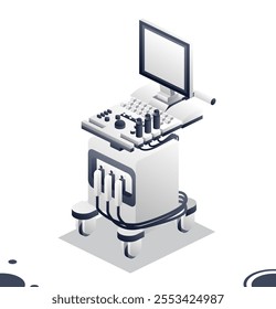 Ultrasound scanner machine with a screen. Isometric modern object isolated on white background. Vector illustration. Medical diagnosis system. Hospital equipment. Top view.