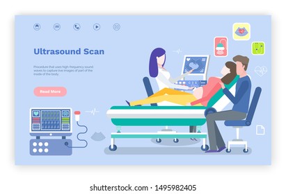 Ultrasound Scanning Of Pregnant Woman Belly Vector, Hospital Care For Lady. Future Mother In Clinic With Hubby, Man Supporting Female Wife. Website Or Webpage Template, Landing Page Flat Style