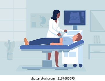 Ultrasound scanning process flat color vector illustration. Inner organs research. Doctor appointment. Medical technology. Fully editable 2D simple cartoon characters with hospital on background