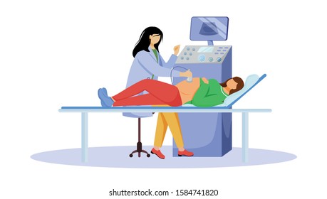 Ultrasound screening checkup of fetus flat vector illustration. Pregnancy healthcare. Pregnant woman with doctor gynecologist in clinic isolated cartoon characters on white background