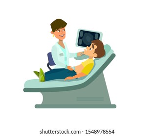 Ultrasound screening. Young female doctor scanning of a stomach of the child. Vector illustration flat cartoon.
