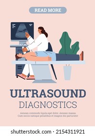 Ultrasound sonogram diagnostics procedure banner or poster layout, flat vector illustration. Ultrasound screening or sonography medical scan healthcare technology.