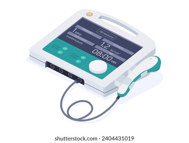 A Ultrasound therapy machine using in physical therapy for relief pain, activate healing, decrease spasm in tissue. Isolated object. Isometric vector. svg