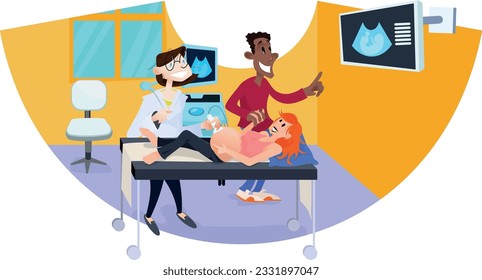 Ultrassound. Radiology. A Caring Doctor and an Expectant Mother and father embrace the Joy of Pregnancy in an Ultrasound Room