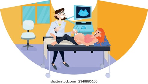 Ultrassound. Radiology. Doctor and an a pregnant woman in an Ultrasound Room. Obstetrician. Joy.