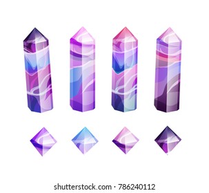 Ultraviolet amethyst gemstones. Vector icon of ultra violet gems on white isolated background. Boho magic crystals.