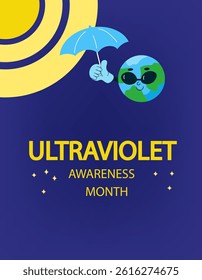 Ultraviolet Awareness Month celebration banner with golden sun and stars design. Protecting skin from the sun concept for medical and healthcare marketing poster