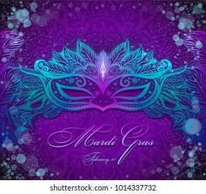 Ultraviolet background with carnival mask for design invitation card, flyer, poster on the fastival. New orleans Mardi Gras. Vector illustration. promotion banner.