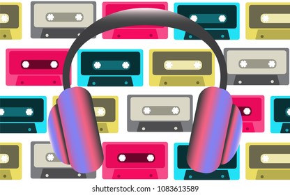 Ultra-violet big fashionable full-sized headphones for listening to music on the background of old retro vintage hipster audio cassettes from the 80's, 90's. Vector illustration